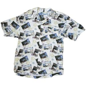 Utility Aloha Hawaii Postcard Print Rayon Hawaiian Shirt‎ Mens Large Vintage Y2K